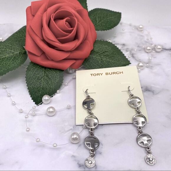 New Tory Burch Silver Round Drop T French Wire Dangle Earrings - Picture 6 of 7